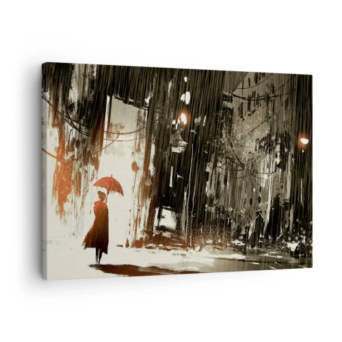 Tablou pe pânză Canvas - figură roșie cu o umbrelă într-o scenă ploioasă - 70x50cm - Poezia umbrelei roșii - Decorațiune modernă pentru perete pentru living și dormitor ARTTOR