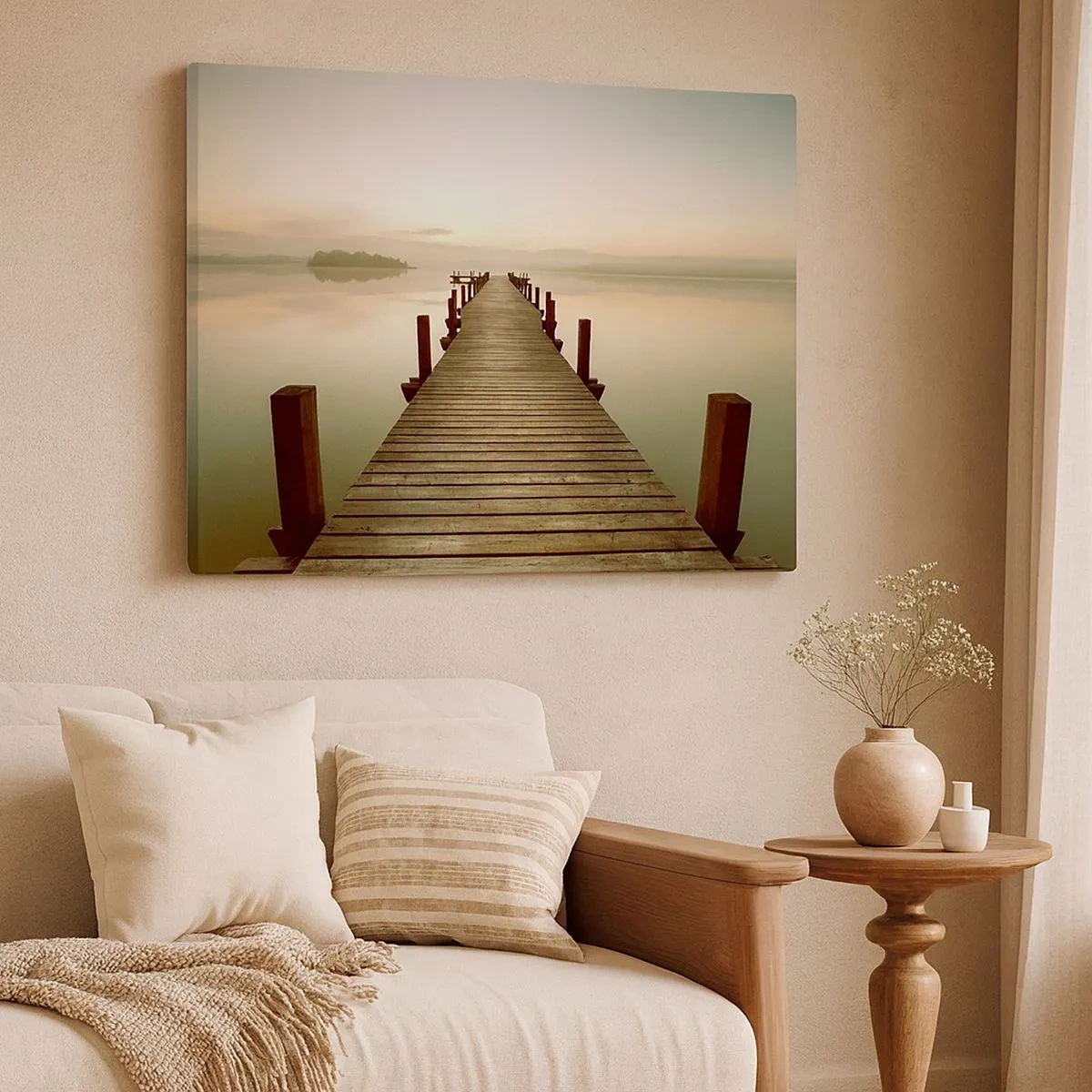Tablou pe pânză Canvas - Un debarcader de lemn pe un lac liniștit dimineața - 70x50cm - Înainte de răsărit, zori, lumină - Decorațiune modernă pentru perete pentru living și dormitor ARTTOR