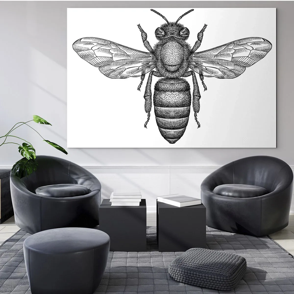 Tablou pe sticlă - Ilustrație detaliată a unei albine retro pe fundal alb - 70x50cm - Portret de insectă - Decorațiune modernă pentru perete pentru living și dormitor ARTTOR