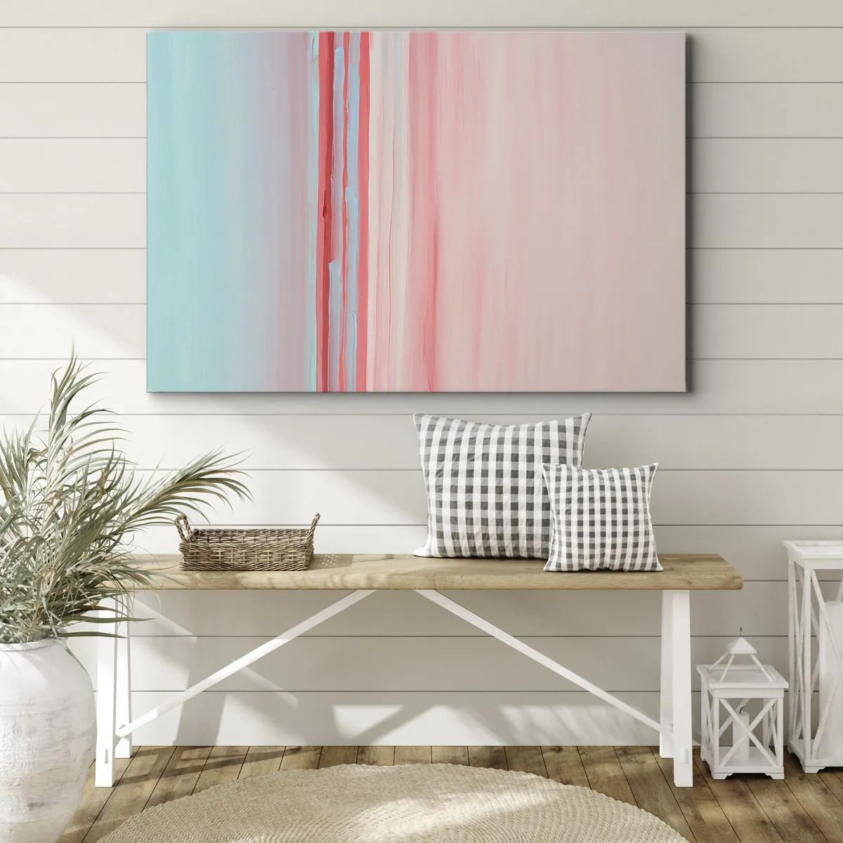 Tablou pe pânză Canvas - Linii pastelate în nuanțe de roz și albastru într-o compoziție minimalistă - 70x50cm - Abstracție în zori - Decorațiune modernă pentru perete pentru living și dormitor ARTTOR