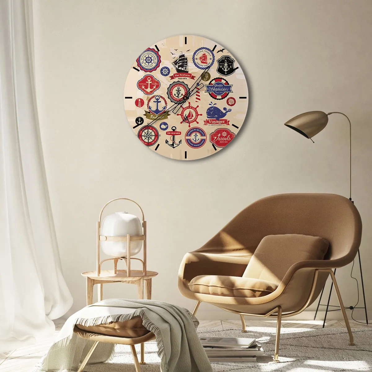 Ceas de perete - Ceas pe sticlă - Grafică nautică colorată pe un fundal bej - 30x30cm - Frăția navigării - Decorațiune modernă pentru perete pentru living, bucătărie și dormitor ARTTOR