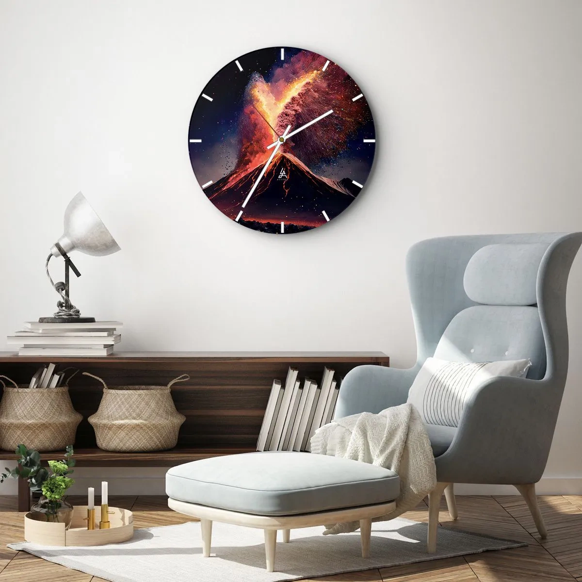 Ceas de perete - Ceas pe sticlă - Erupție vulcanică cu o fântână de foc și fum pe un fundal nocturn - 30x30cm - Frumusețe și groază - Decorațiune modernă pentru perete pentru living, bucătărie și dormitor ARTTOR