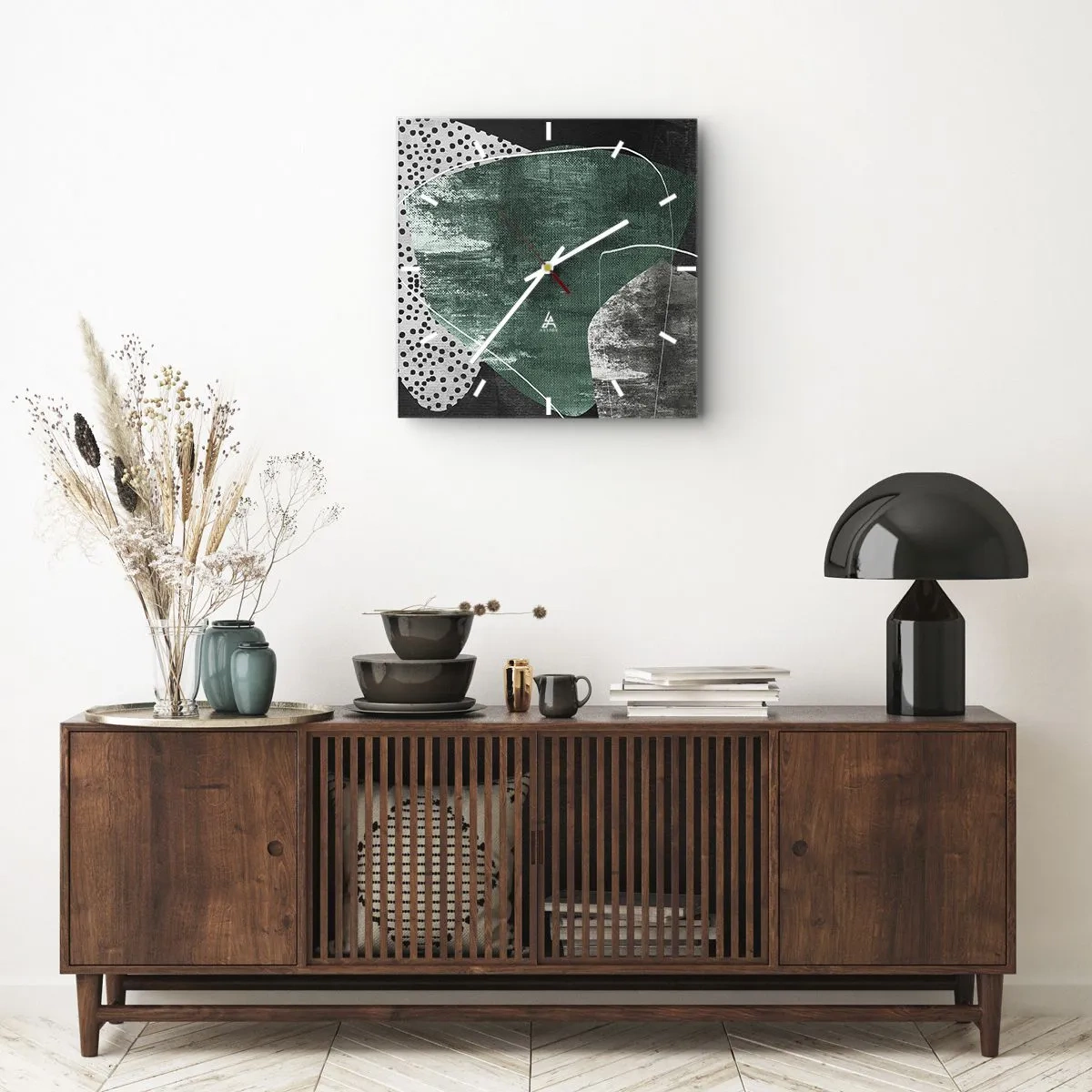 Ceas de perete - Ceas pe sticlă - Abstracție colorată cu fulgi de aur - 30x30 cm