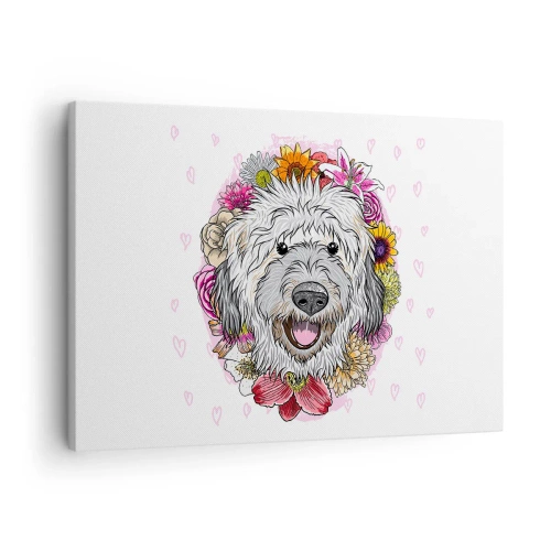 Tablou pe pânză Canvas - Un câine înconjurat de flori colorate - 70x50cm - Bucuria cățelușului - Decorațiune modernă pentru perete pentru living și dormitor ARTTOR