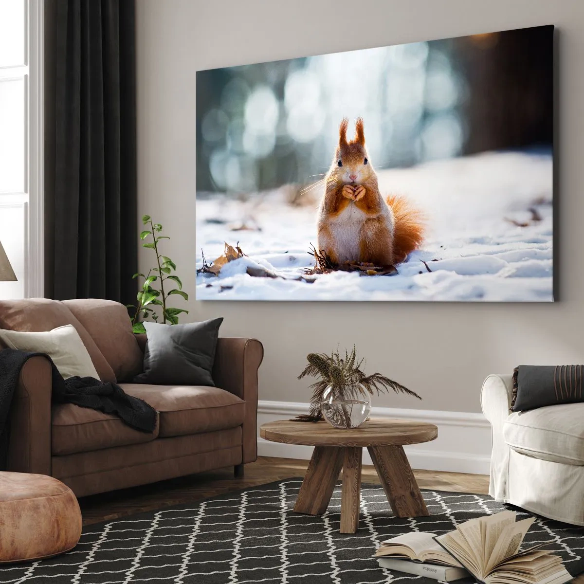 Tablou pe pânză Canvas - O veveriță într-un peisaj de iarnă - 70x50cm - Și la ce te uiți? - Decorațiune modernă pentru perete pentru living și dormitor ARTTOR