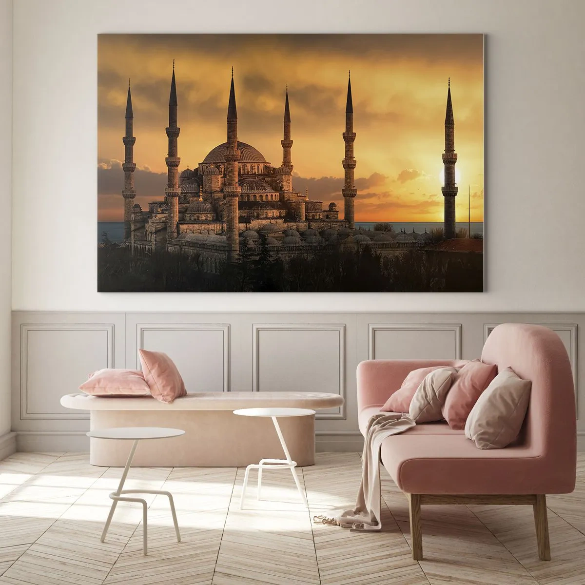 Tablou pe sticlă - Moscheea Albastră pe fundalul apusului de soare - 70x50cm - Dumnezeu este mare - Decorațiune modernă pentru perete pentru living și dormitor ARTTOR
