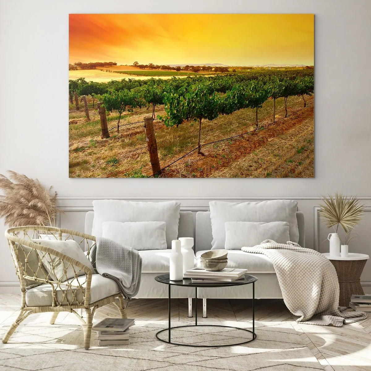 Tablou pe sticlă - Viță de vie în lumina caldă a soarelui care apune - 70x50cm - Să bem soarele - Decorațiune modernă pentru perete pentru living și dormitor ARTTOR