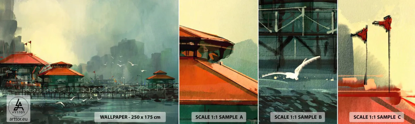 Mostră de Tapet Standard Eco - O zi ploioasă în port - Oras port, Arhitectură, Mare - 100x30 cm