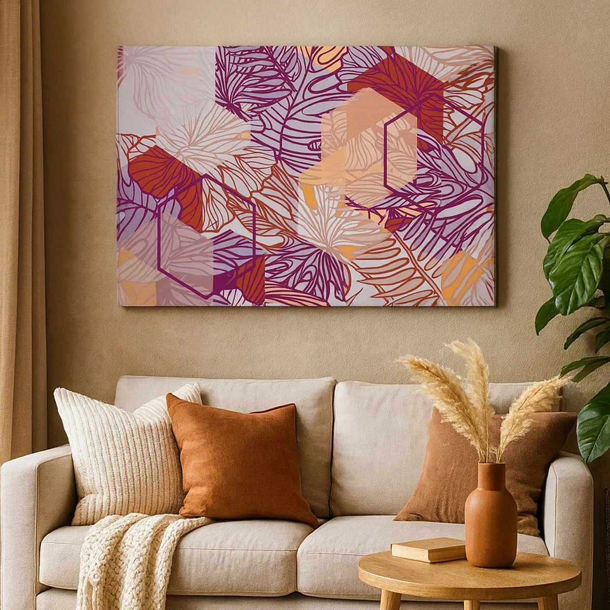 Tablou pe pânză Canvas - Un model decorativ cu frunze tropicale în nuanțe de violet, portocaliu și bej. - 70x50cm - Relația imposibilă dintre geometrie și natură - Decorațiune modernă pentru perete pentru living și dormitor ARTTOR