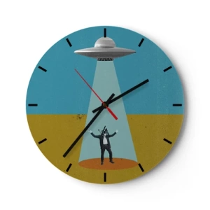 Ceas de perete - Ceas pe sticlă - Un bărbat iluminat de o rază OZN pe un fundal deșertic. - 30x30cm - Întâlnire de gradul III - Decorațiune modernă pentru perete pentru living, bucătărie și dormitor ARTTOR