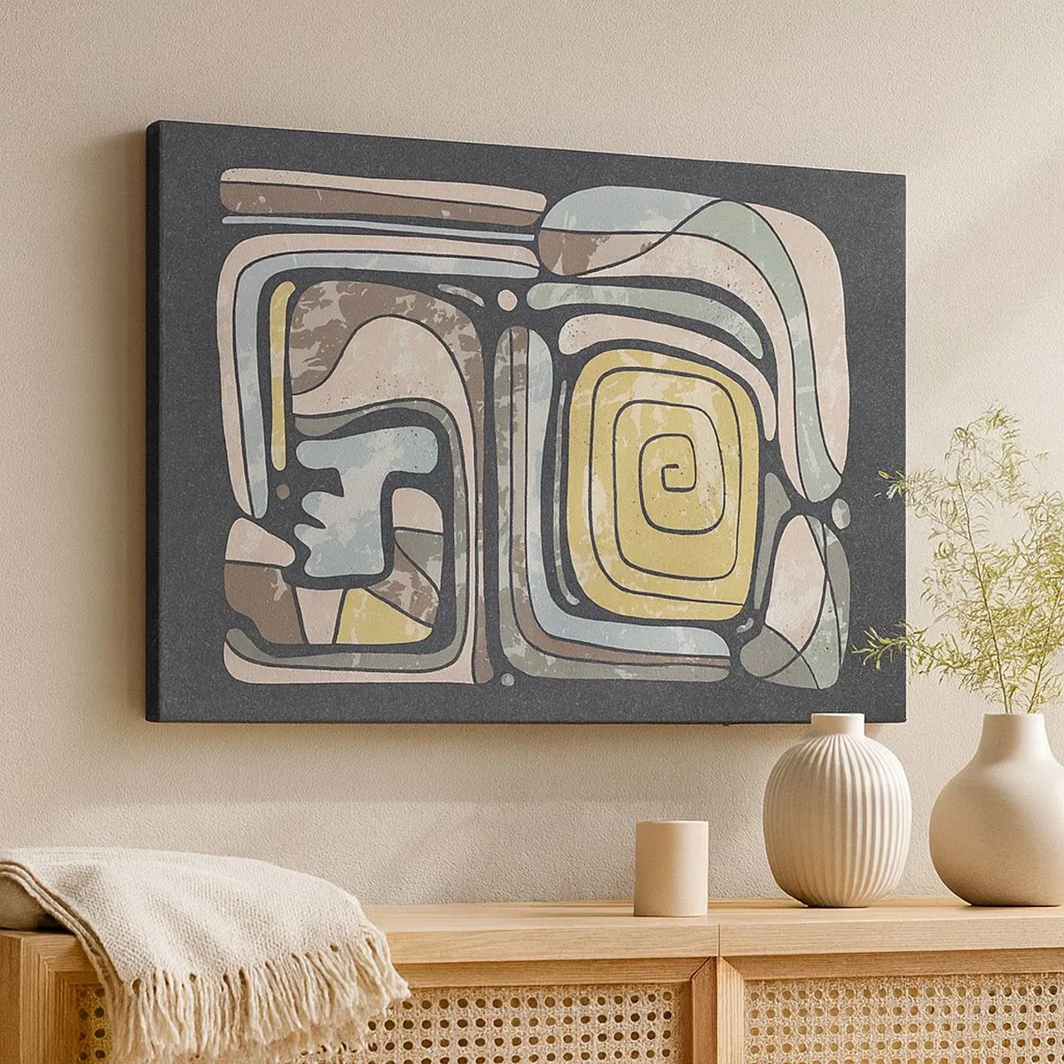 Tablou pe pânză Canvas - Modele precolumbiene în culori pastelate pe un fundal închis - 70x50cm - Abstracție în spirit precolumbian - Decorațiune modernă pentru perete pentru living și dormitor ARTTOR