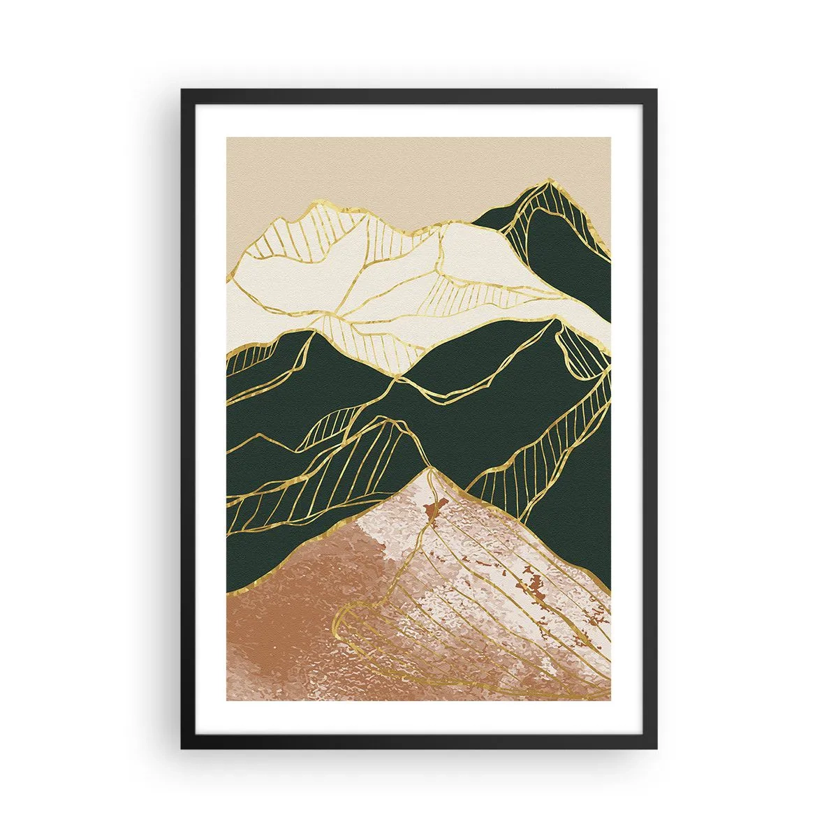 Poster în ramă neagră - Linii aurii abstracte care creează un peisaj montan - 50x70cm - Vârfurile de aur - Decorațiune modernă pentru perete pentru living și dormitor ARTTOR