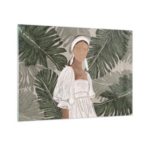 Tablou pe sticlă - O femeie într-o rochie albă pe un fundal de frunze tropicale verzi. - 70x50cm - Portret exotic - Decorațiune modernă pentru perete pentru living și dormitor ARTTOR