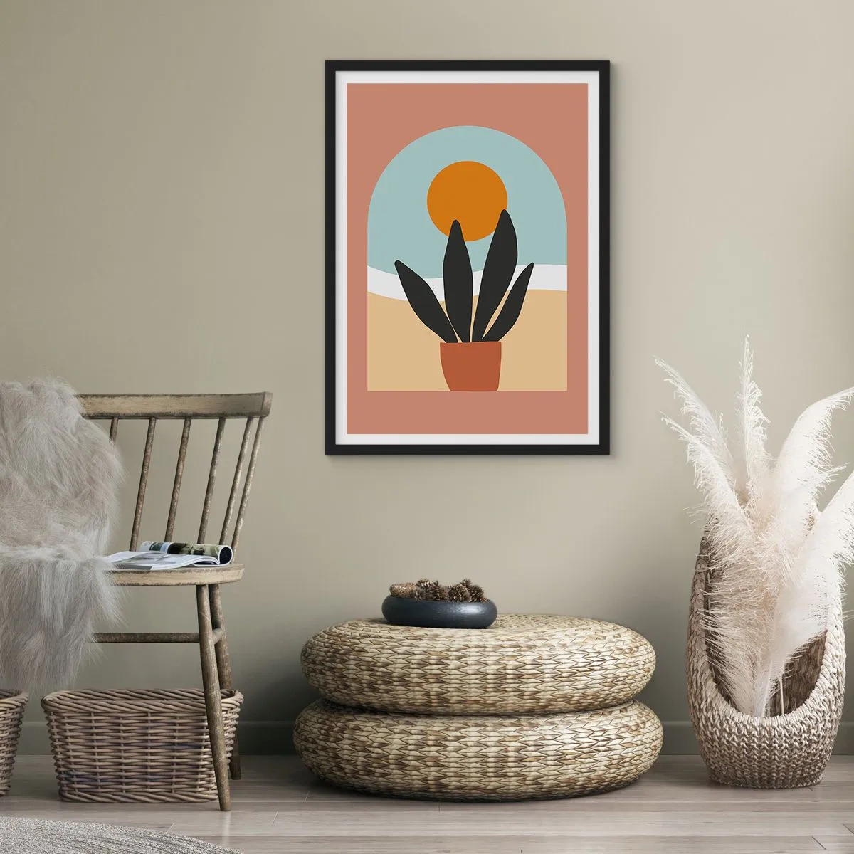 Poster în ramă neagră - O plantă în ghiveci în fața unui arc cu un apus de soare în fundal - 50x70cm - Bucurii mici - Decorațiune modernă pentru perete pentru living și dormitor ARTTOR