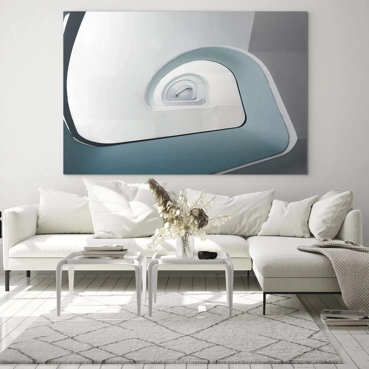 Tablou pe sticlă - O scară modernă într-o perspectivă abstractă - 70x50cm - Până la fundul albastrului - Decorațiune modernă pentru perete pentru living și dormitor ARTTOR