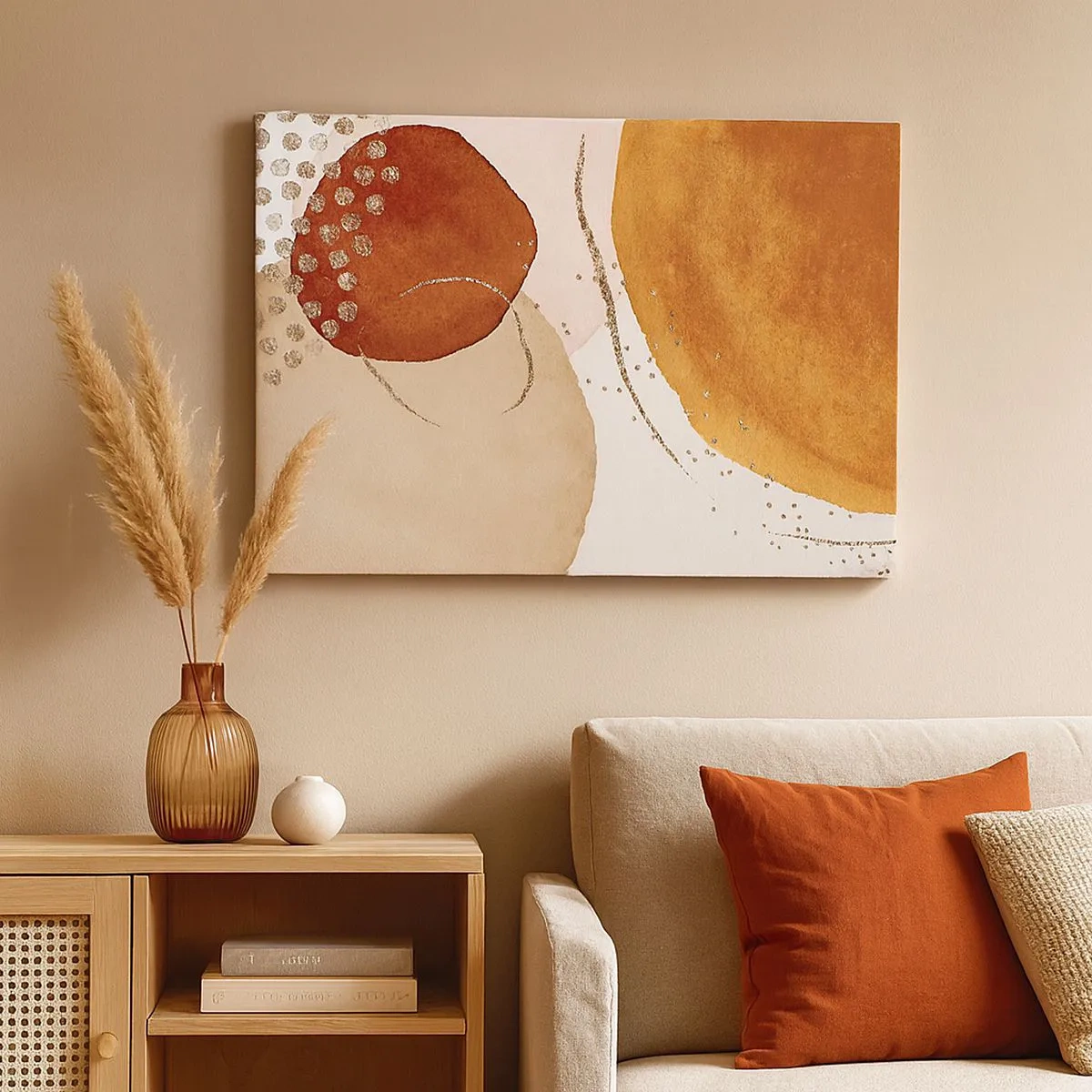 Tablou pe pânză Canvas - Forme abstracte în nuanțe calde de maro și auriu - 70x50cm - Rotunjime și mișcare - Decorațiune modernă pentru perete pentru living și dormitor ARTTOR