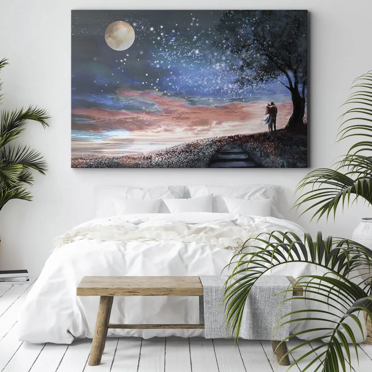 Tablou pe pânză Canvas - Scenă romantică de cuplu sub luna plină - 70x50cm - O performanță stelară - Decorațiune modernă pentru perete pentru living și dormitor ARTTOR