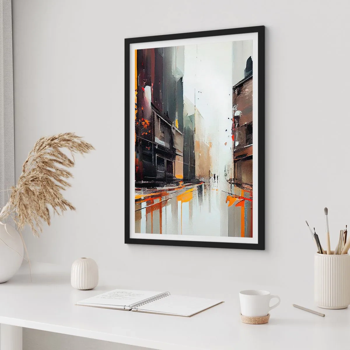 Poster în ramă neagră - Panoramă abstractă a orașului în nuanțe de gri și portocaliu - 50x70cm - O zi ploioasă - Decorațiune modernă pentru perete pentru living și dormitor ARTTOR