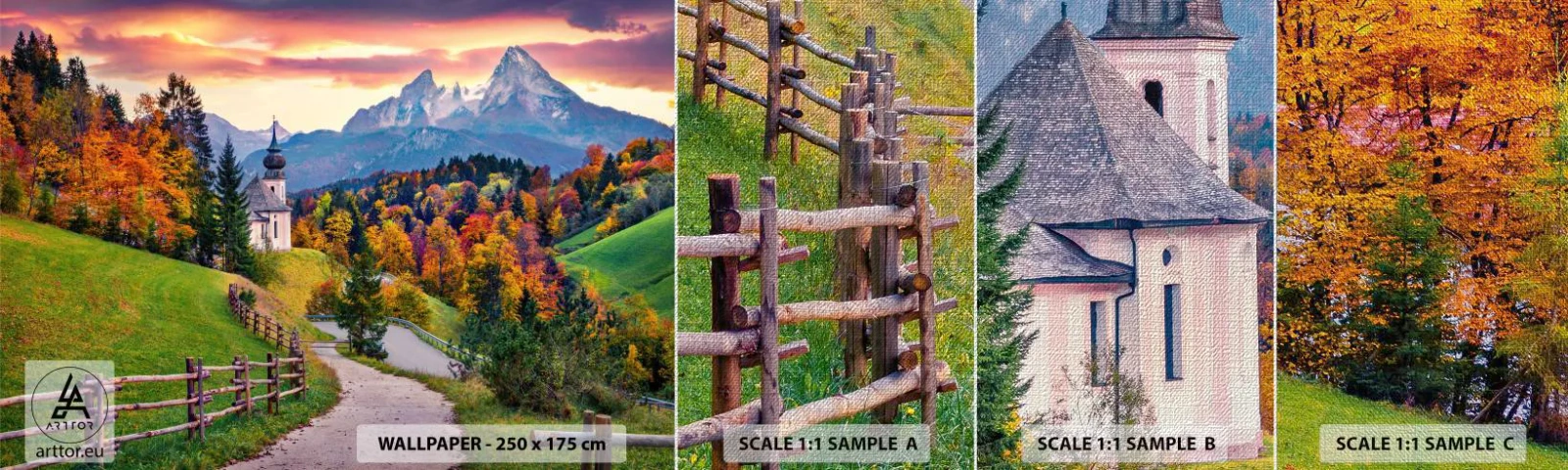 Mostră tapet Premium Canvas - Un peisaj ca o pictură - Peisaj montan, cale, Biserică - 100x30 cm