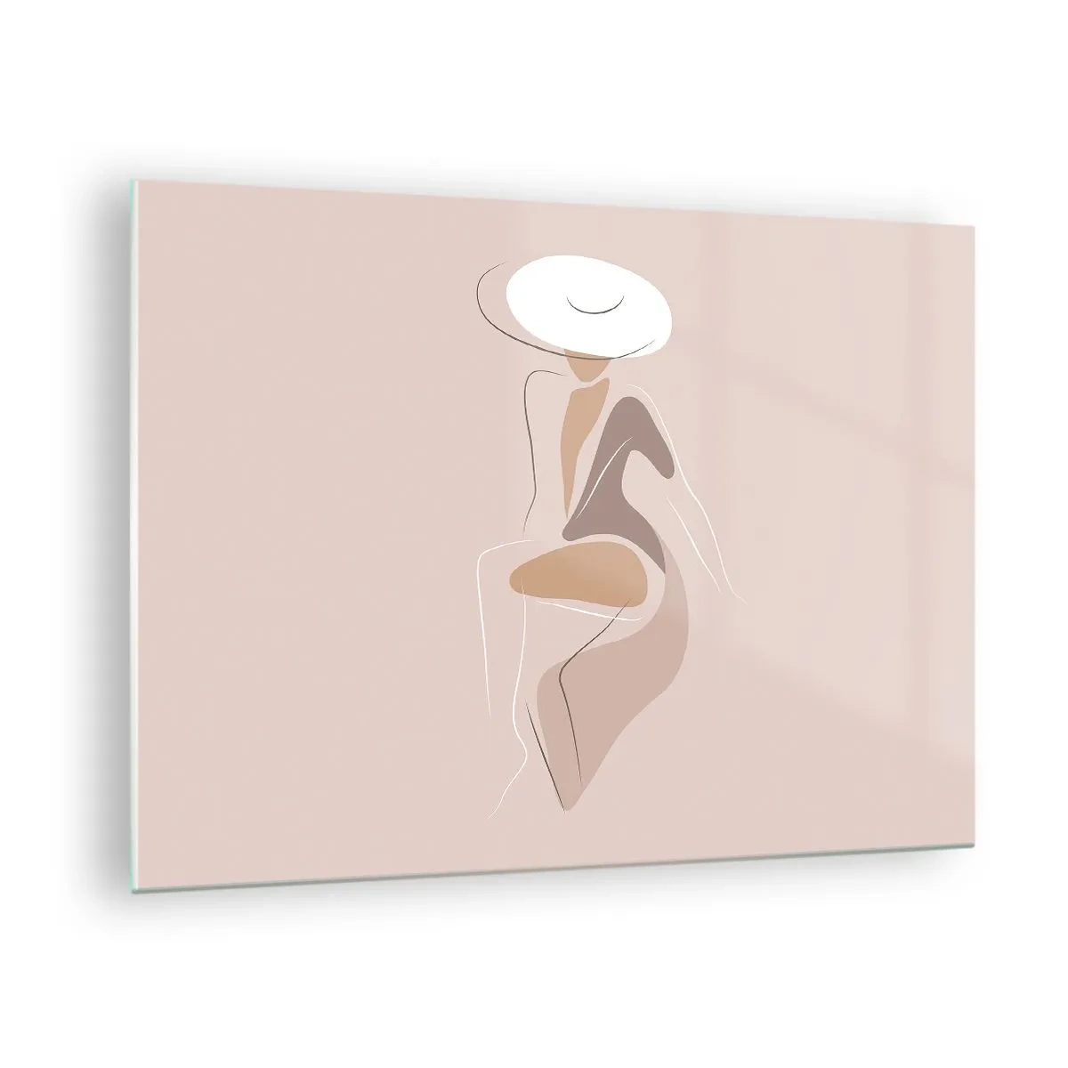 Tablou pe sticlă - Silueta unei femei cu pălărie pe un fundal bej - 70x50cm - O doamnă adevărată - Decorațiune modernă pentru perete pentru living și dormitor ARTTOR