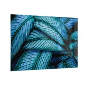 Tablou pe sticlă - Un prim-plan al frunzelor turcoaz cu o textură intensă. - 70x50cm - Linii de viață - Decorațiune modernă pentru perete pentru living și dormitor ARTTOR