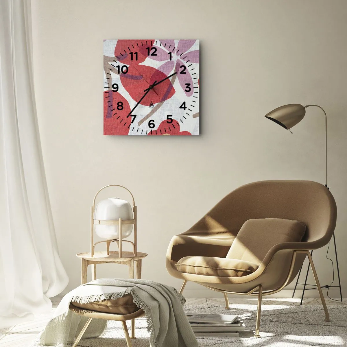 Ceas de perete - Ceas pe sticlă - Aranjament floral în roz - 30x30 cm