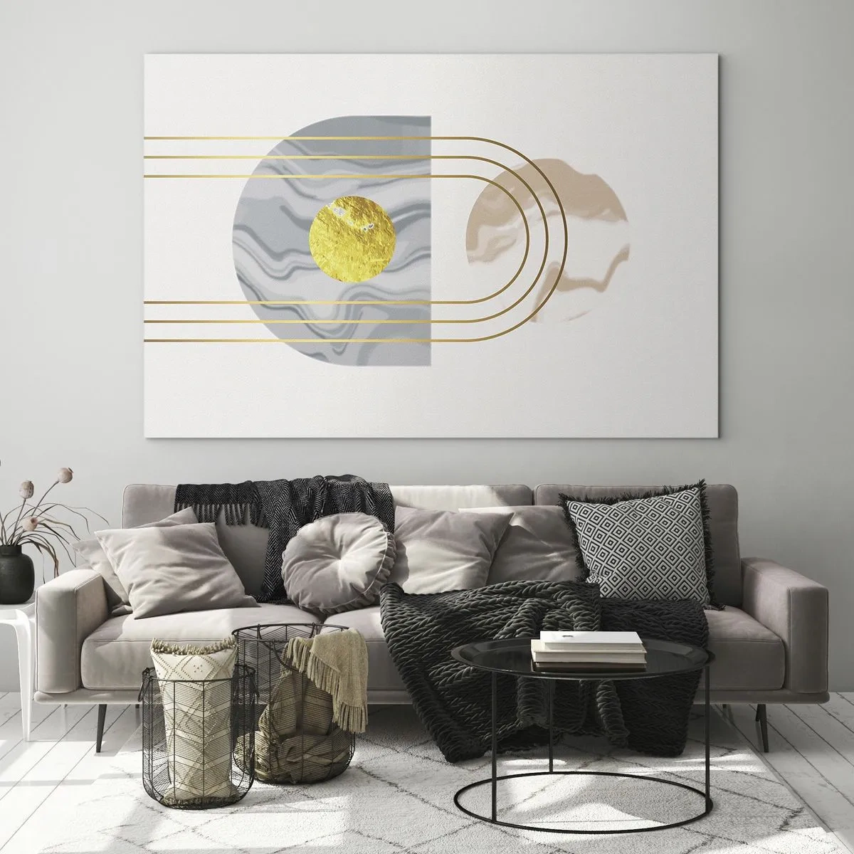 Tablou pe sticlă - Pictură abstractă în auriu și gri - 70x50cm - Lumină și strălucire - Decorațiune modernă pentru perete pentru living și dormitor ARTTOR