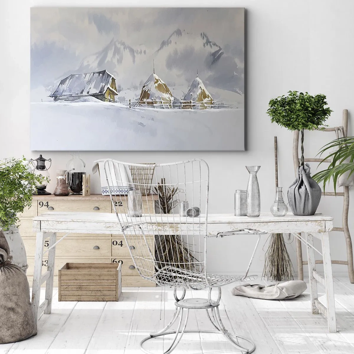 Tablou pe pânză Canvas - Peisaj de iarnă cu o căsuță și căpițe de fân în munți - 70x50cm - Într-o vale înzăpezită - Decorațiune modernă pentru perete pentru living și dormitor ARTTOR