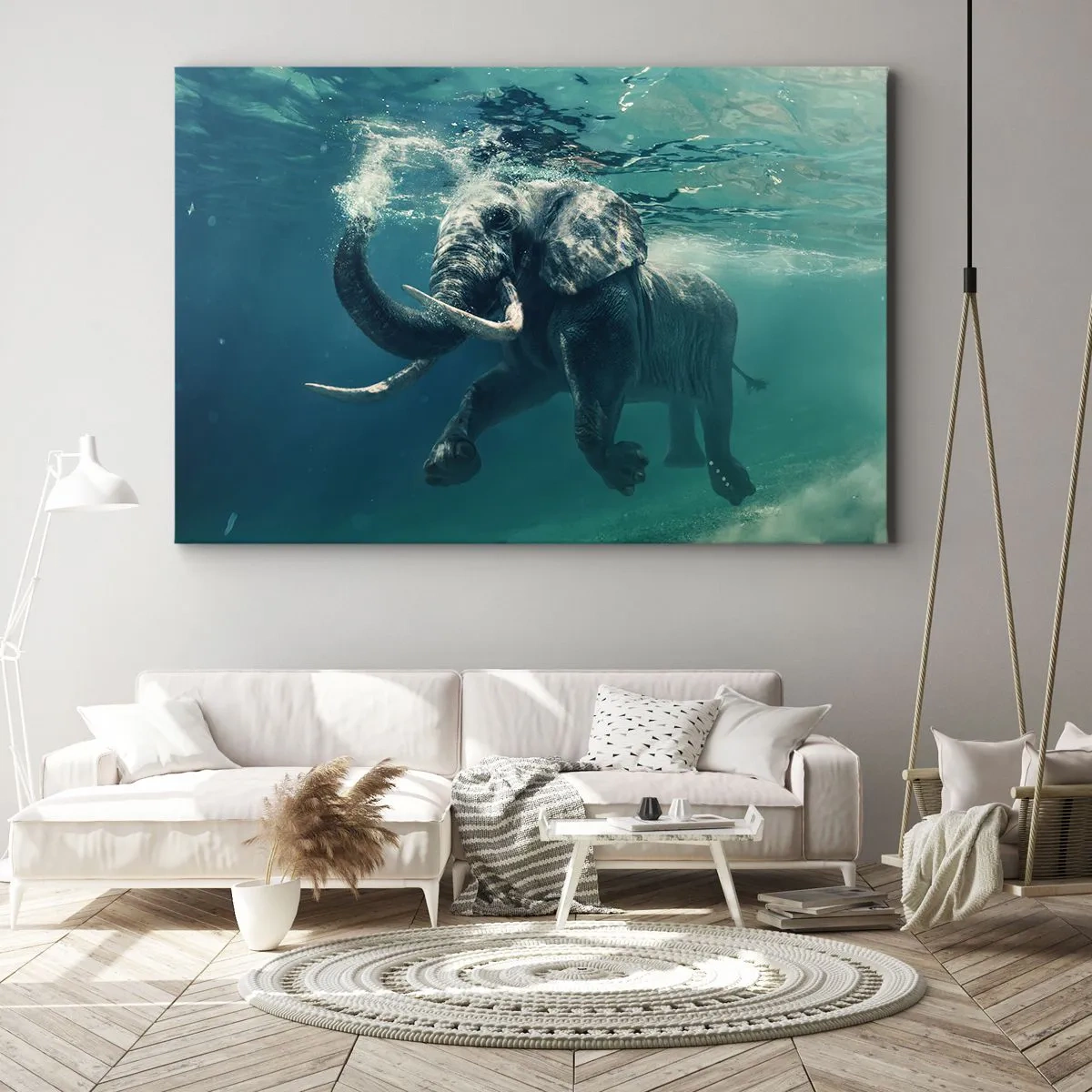 Tablou pe pânză Canvas - Un elefant înoată sub apă în adâncurile turcoaz - 70x50cm - Tuturor le place să înoate - Decorațiune modernă pentru perete pentru living și dormitor ARTTOR