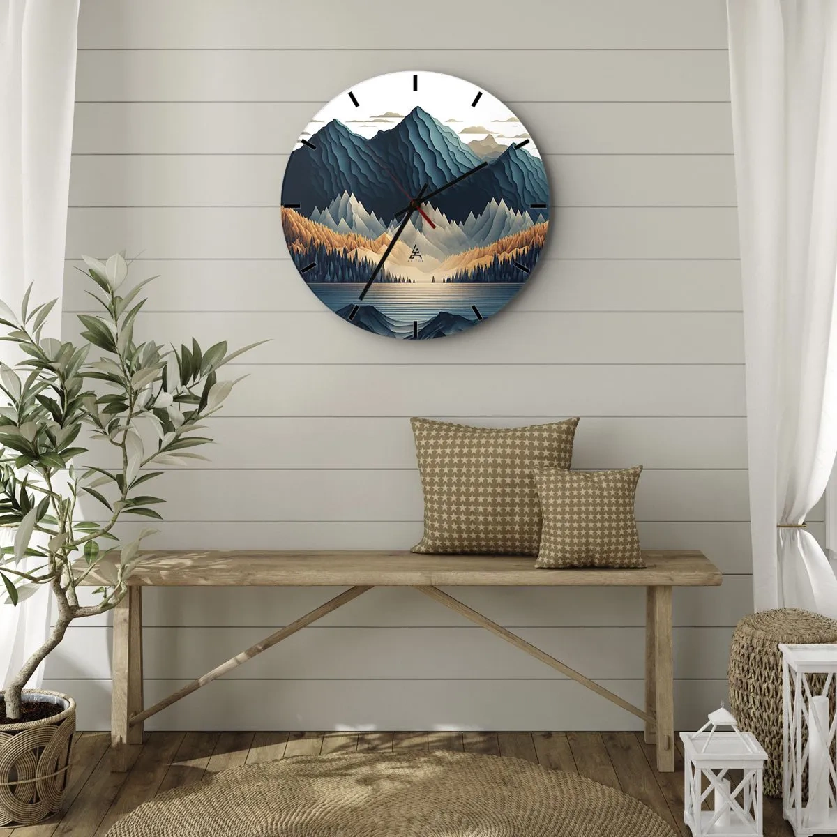 Ceas de perete - Ceas pe sticlă - Munți în nuanțe de albastru marin și bej deasupra lacului dimineața - 30x30cm - Peisaj montan perfect - Decorațiune modernă pentru perete pentru living, bucătărie și dormitor ARTTOR
