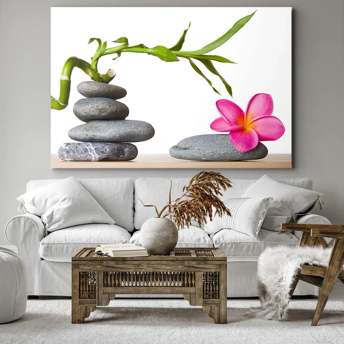 Tablou pe pânză Canvas - Bambus și floare roz pe pietre în stil zen - 70x50cm - Culorile vieții și ale existenței - Decorațiune modernă pentru perete pentru living și dormitor ARTTOR