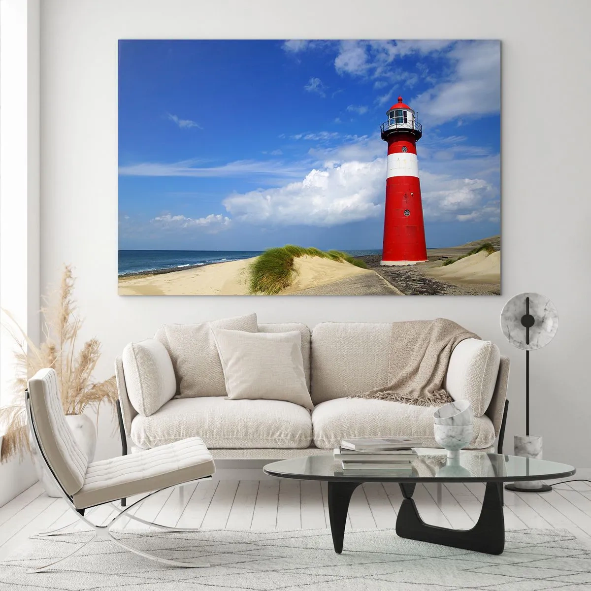 Tablou pe sticlă - Un far roșu pe un cer albastru - 70x50cm - Loc de refugiu de vis - Decorațiune modernă pentru perete pentru living și dormitor ARTTOR