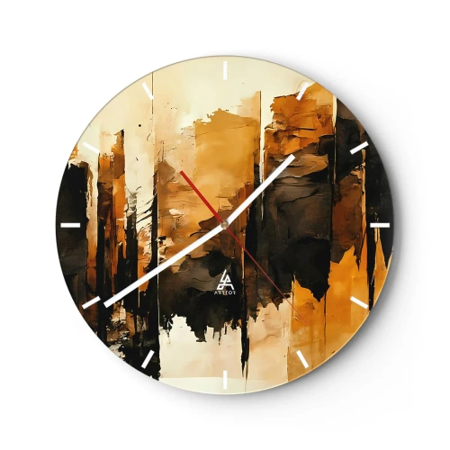 Ceas de perete - Ceas pe sticlă - Compoziție abstractă în nuanțe de negru și auriu - 30x30cm - Armonie de negru și auriu - Decorațiune modernă pentru perete pentru living, bucătărie și dormitor ARTTOR