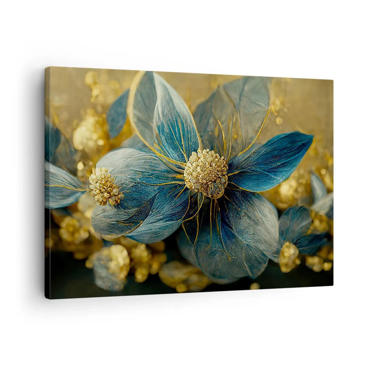 Tablou pe pânză Canvas - Flori elegante în nuanțe de albastru și auriu - 70x50cm - Floare cu aur - Decorațiune modernă pentru perete pentru living și dormitor ARTTOR
