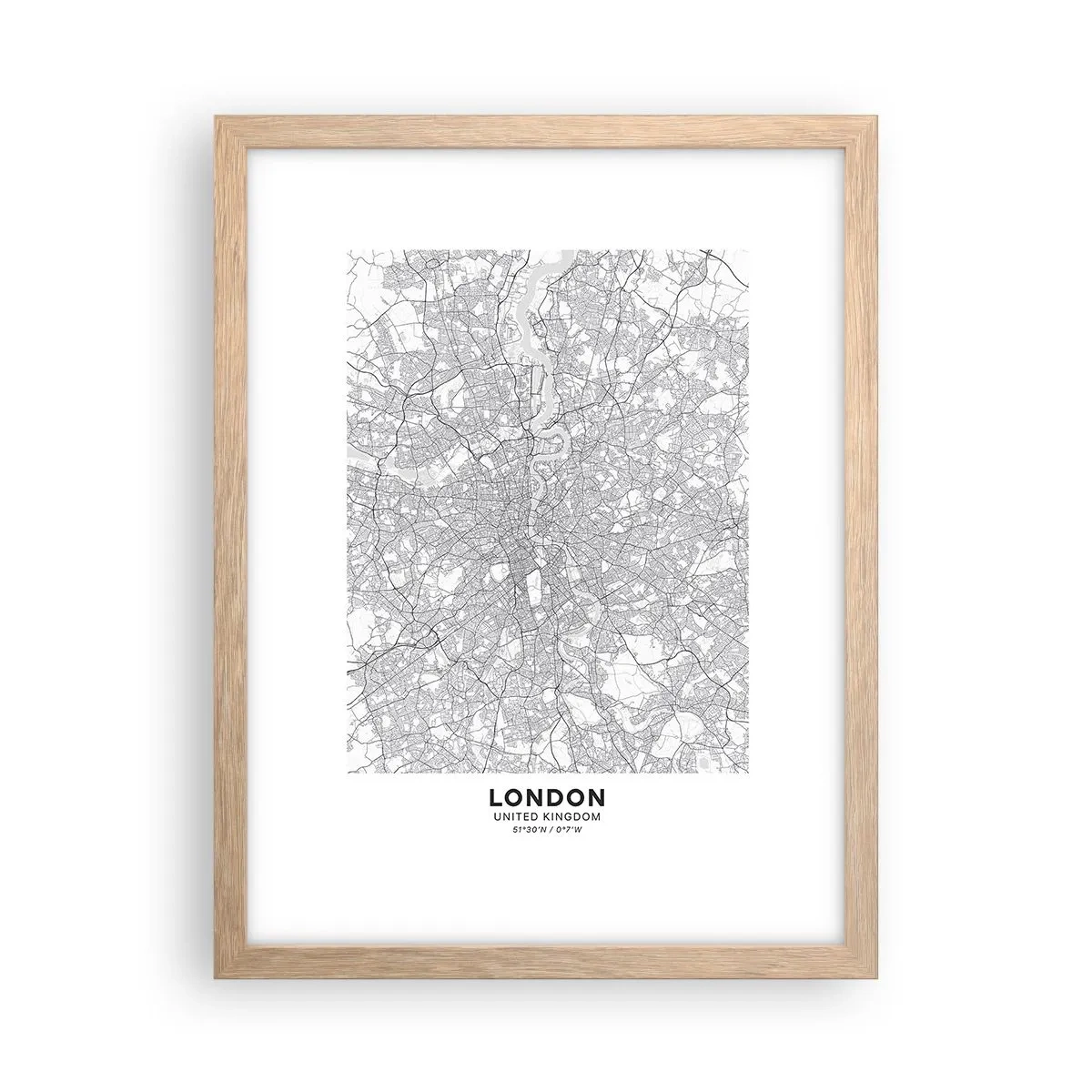 Poster în ramă de stejar deschis - Harta labirintului din Londra - 30x40 cm