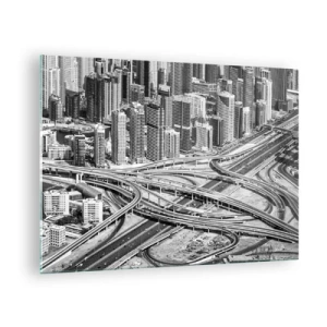 Tablou pe sticlă - Panoramă alb-negru a orașului cu o intersecție de autostradă - 70x50cm - Dubai - orașul imposibil - Decorațiune modernă pentru perete pentru living și dormitor ARTTOR