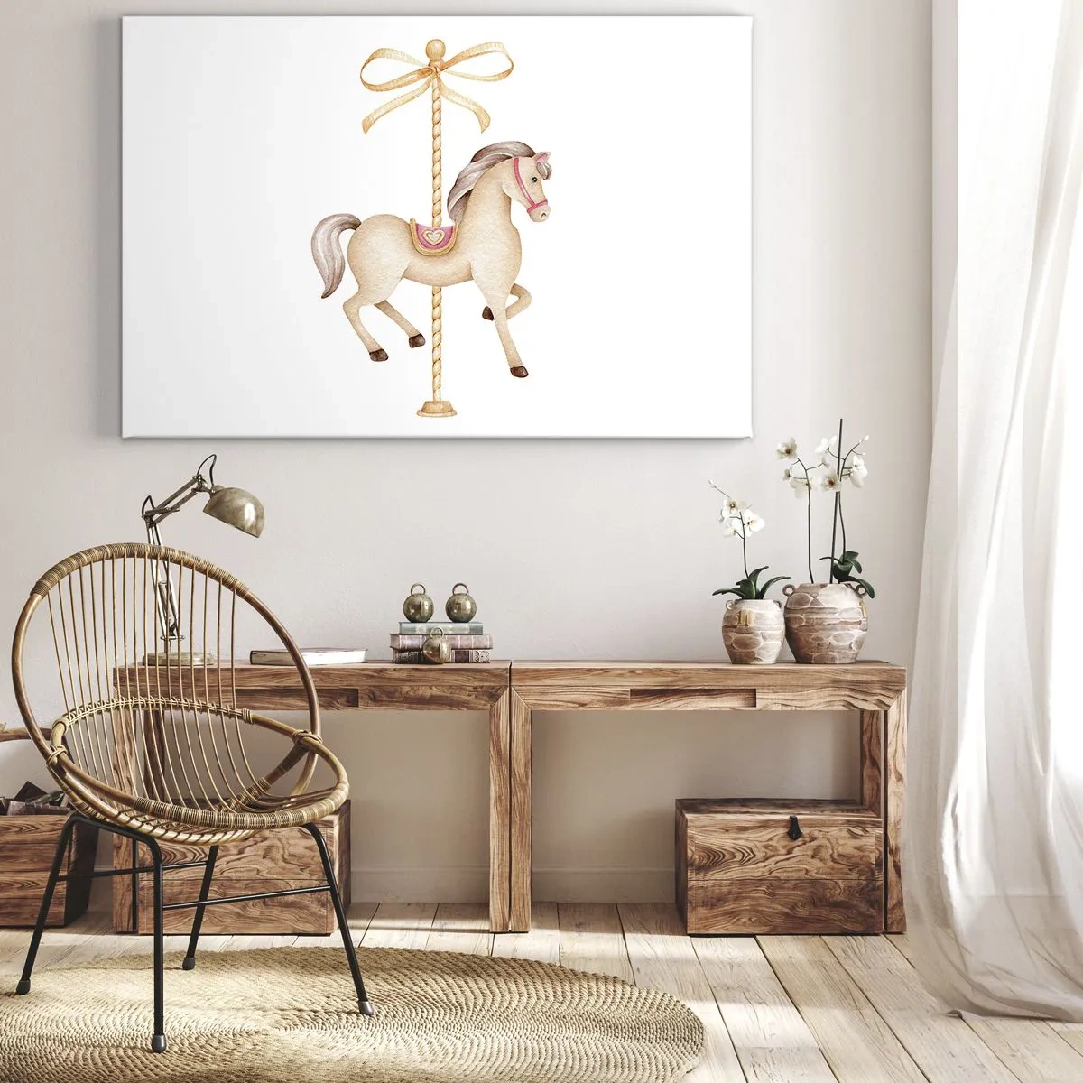 Tablou pe pânză Canvas - Un cal de carusel cu o fundă în pasteluri delicate - 70x50cm - Într-un trap grațios - Decorațiune modernă pentru perete pentru living și dormitor ARTTOR