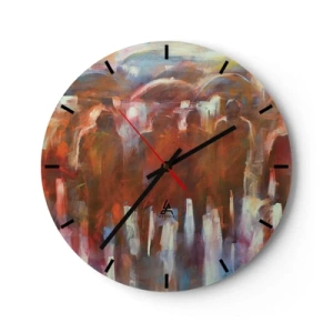 Ceas de perete - Ceas pe sticlă - O compoziție abstractă în nuanțe calde de portocaliu și maro. - 30x30cm - Egali în ploaie și ceață - Decorațiune modernă pentru perete pentru living, bucătărie și dormitor ARTTOR