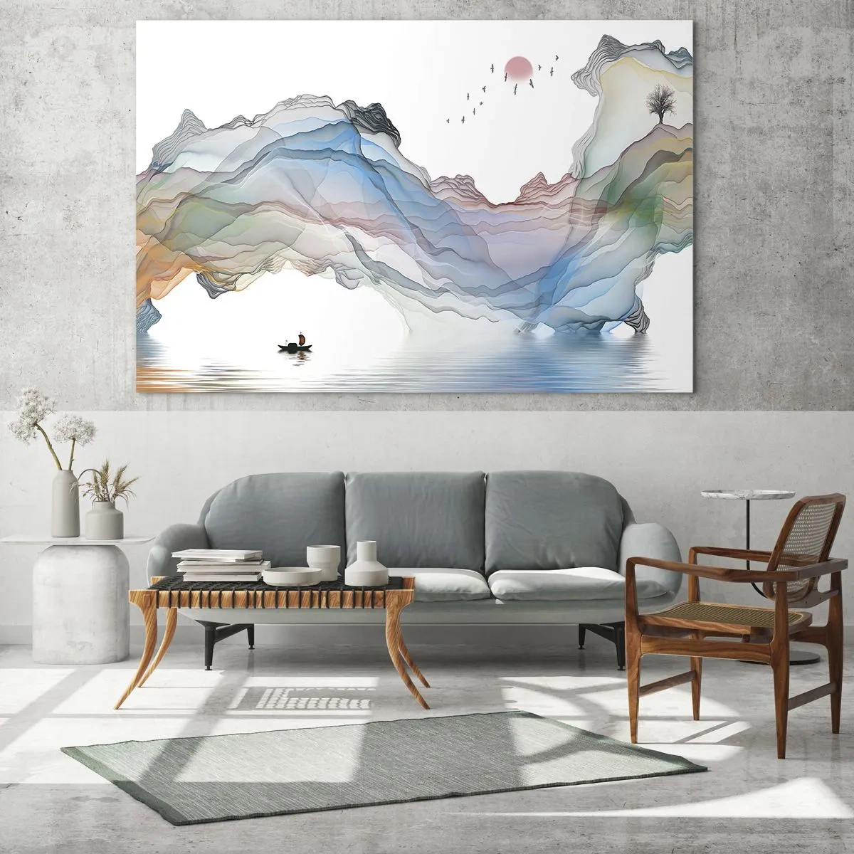 Tablou pe sticlă - Munți colorați cu o barcă pe apă în stil acuarelă - 70x50cm - Spre munții de cristal - Decorațiune modernă pentru perete pentru living și dormitor ARTTOR