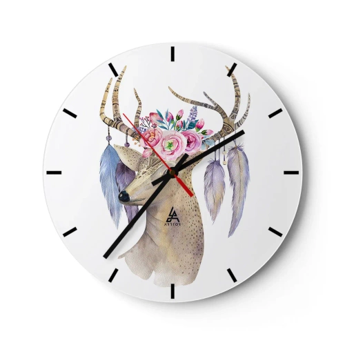 Ceas de perete - Ceas pe sticlă - Desen artistic al unui cerb cu flori pe coarne și pene - 30x30cm - Ghidul sufletului - blând, inocent - Decorațiune modernă pentru perete pentru living, bucătărie și dormitor ARTTOR