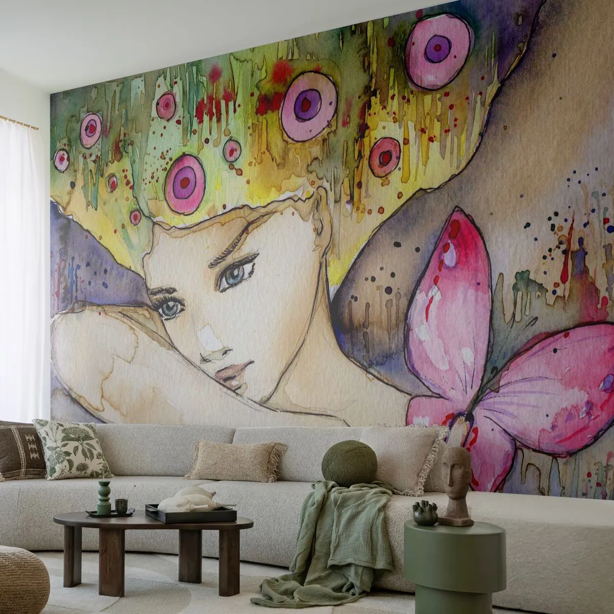 Tapet Autoadeziv Deluxe Sticker - Prințesa fluture - Abstracția, Femeie, Acuarele - 350x256 cm