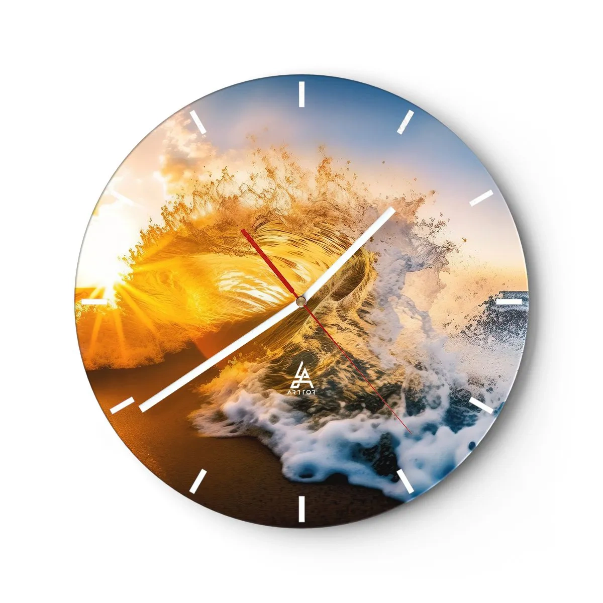 Ceas de perete - Ceas pe sticlă - Un val de mare luminat de razele soarelui care apune - 30x30cm - Joc în nisip - Decorațiune modernă pentru perete pentru living, bucătărie și dormitor ARTTOR