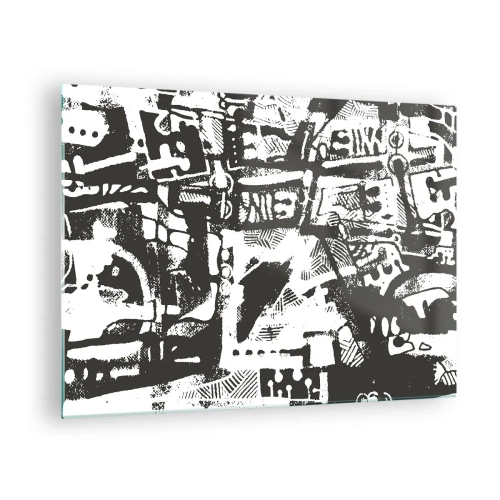 Tablou pe sticlă - Abstracție alb-negru cu motive geometrice și tehnice - 70x50cm - Ordine sau haos? - Decorațiune modernă pentru perete pentru living și dormitor ARTTOR