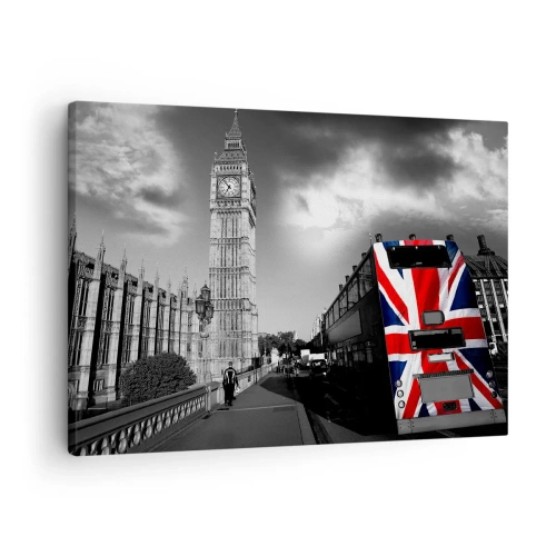 Tablou pe pânză Canvas - Big Ben și un autobuz cu un steag britanic pe un fundal alb-negru - 70x50cm - Mândru și mare - Decorațiune modernă pentru perete pentru living și dormitor ARTTOR