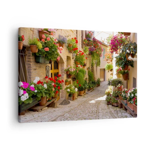 Tablou pe pânză Canvas - O stradă cu flori în ghivece și ziduri de piatră - 70x50cm - Într-un potop de flori - Decorațiune modernă pentru perete pentru living și dormitor ARTTOR