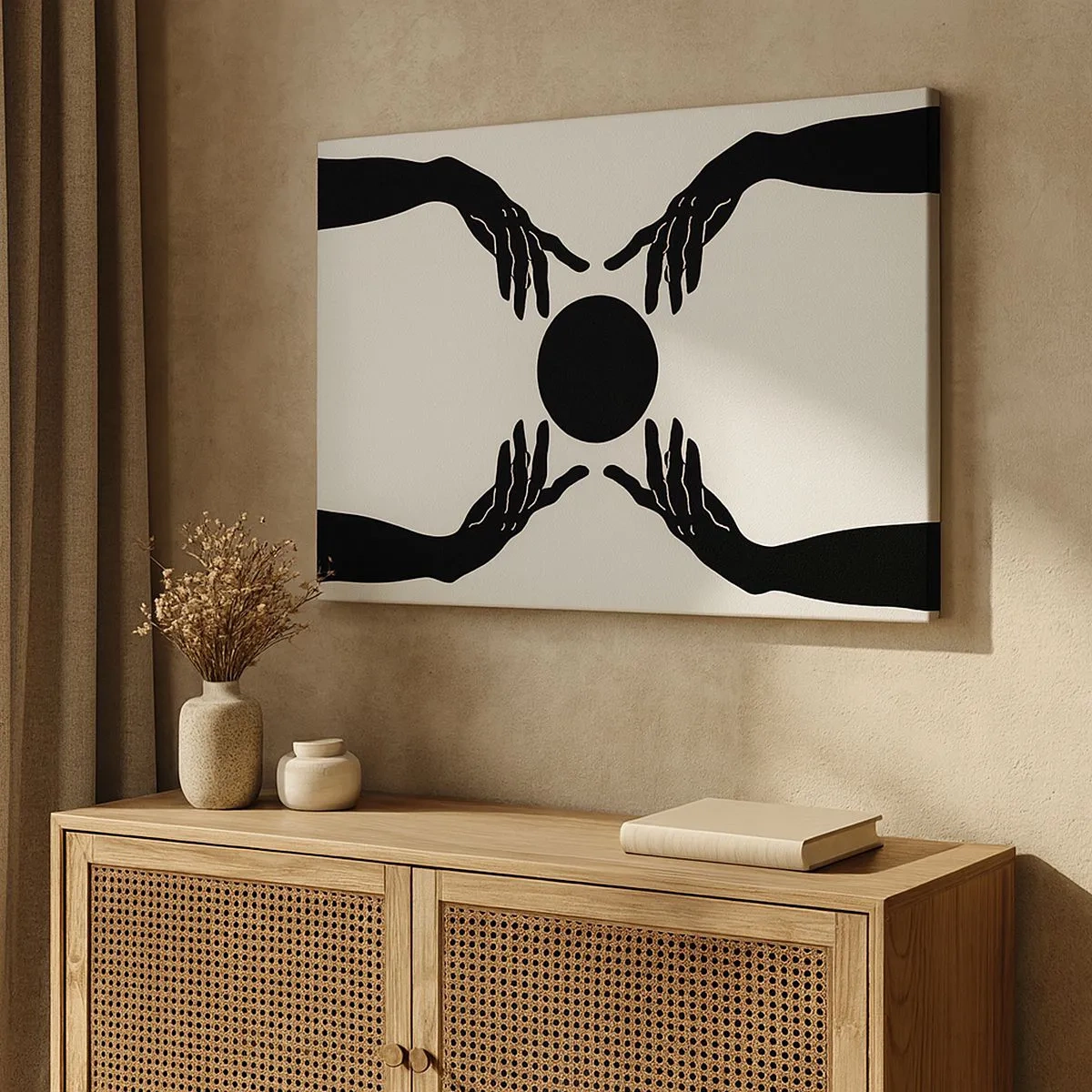 Tablou pe pânză Canvas - Mâini negre într-o compoziție simetrică cu o minge - 70x50cm - Semnul secret - Decorațiune modernă pentru perete pentru living și dormitor ARTTOR