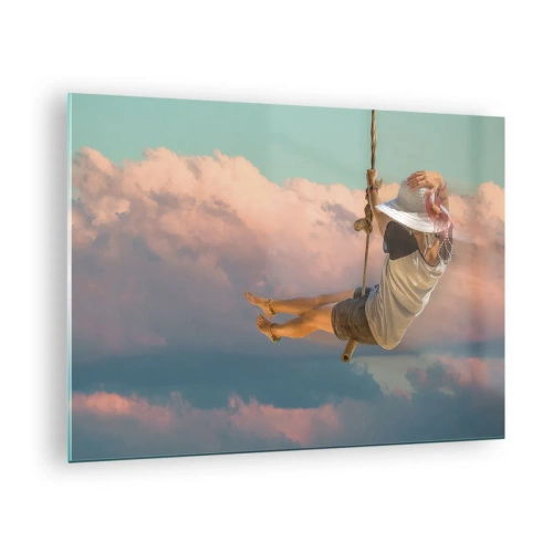 Tablou pe sticlă - Fată pe un leagăn printre nori roz - 70x50cm - Distracție în nori - Decorațiune modernă pentru perete pentru living și dormitor ARTTOR