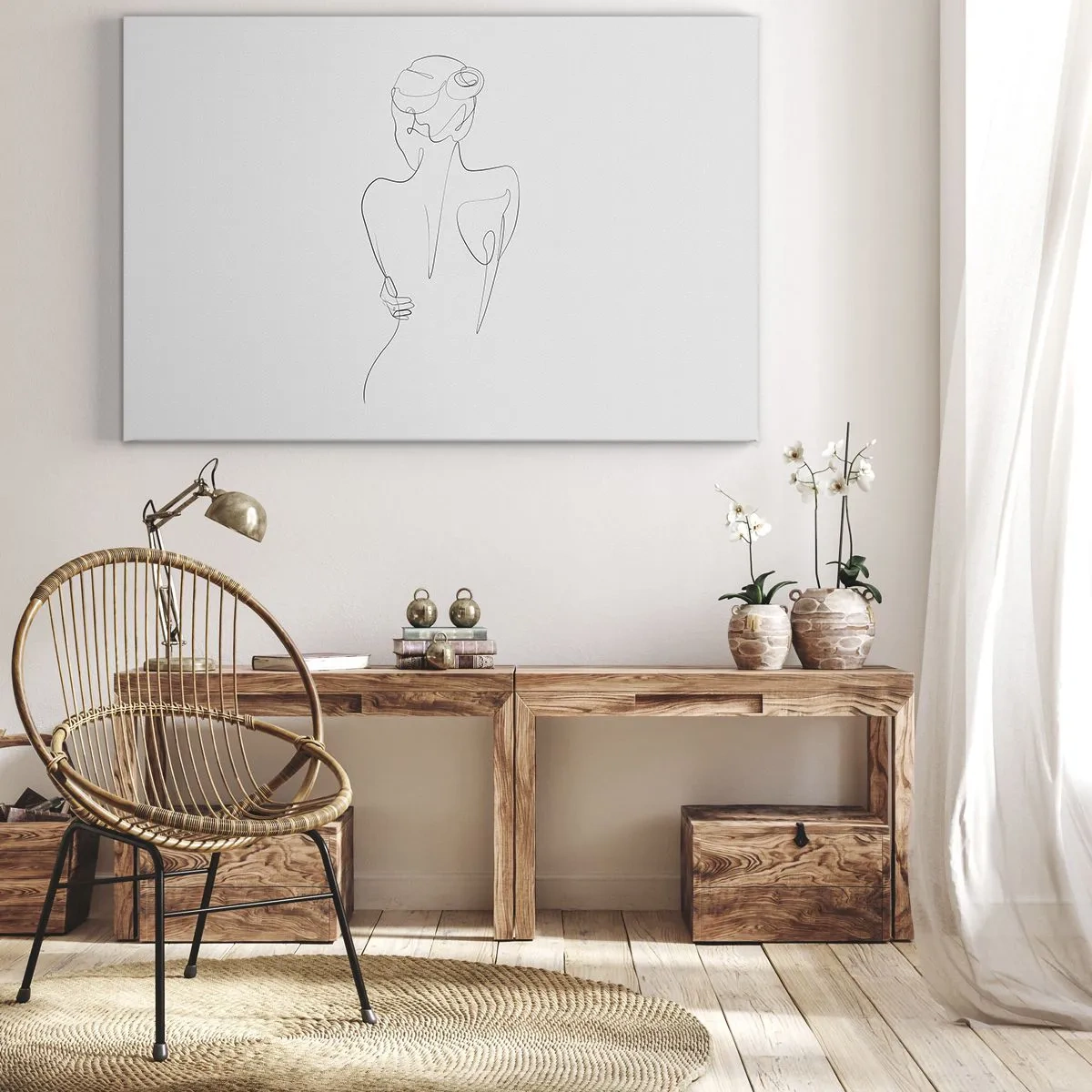 Tablou pe pânză Canvas - O linie de contur care prezintă o siluetă feminină pe un fundal deschis la culoare - 70x50cm - Muzica corpului - Decorațiune modernă pentru perete pentru living și dormitor ARTTOR