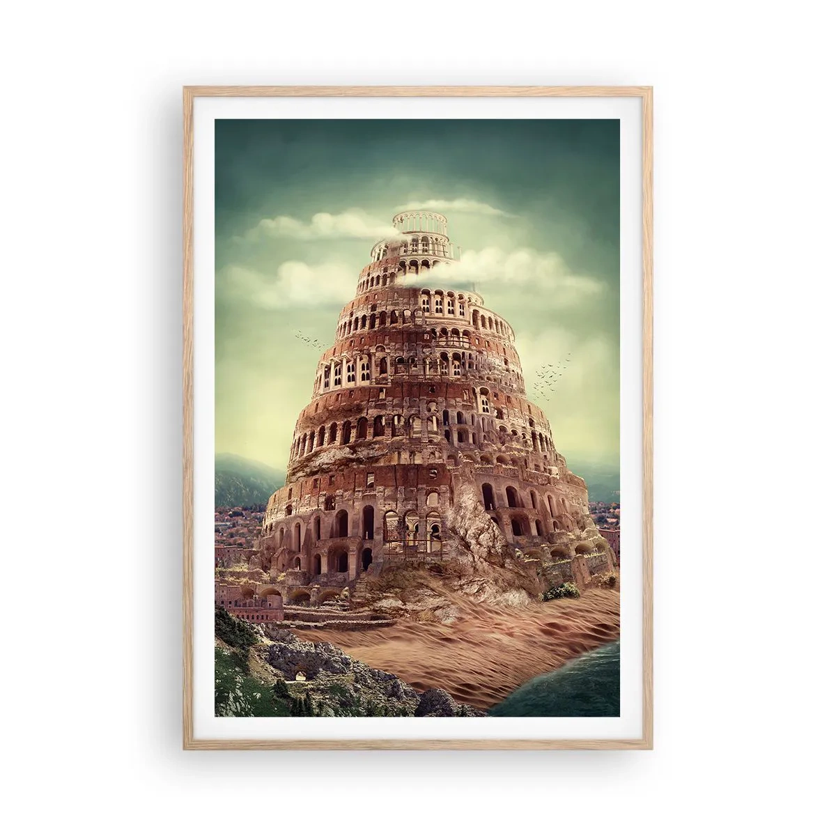 Poster în ramă de stejar deschis - Turnul Babel - 70x100 cm