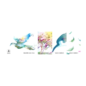 Mostră tapet autocolant Deluxe Sticker - Pe aripile naturii - Abstracția, Pasăre, Peisaj de vară - 100x30 cm